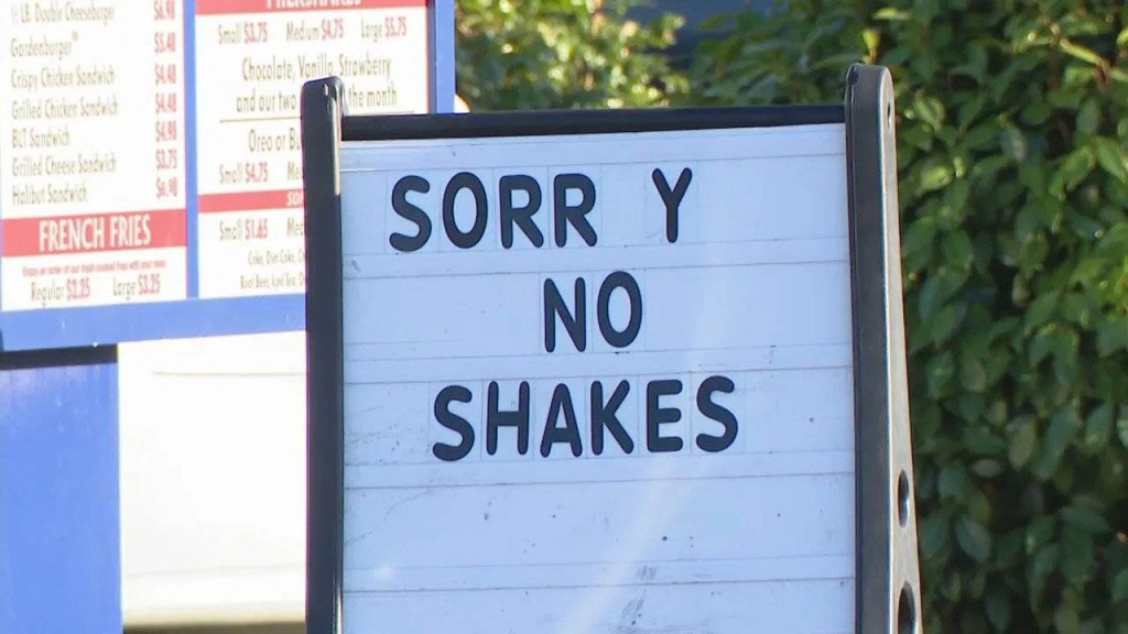 A sign reads "Sorry No Shakes" at Frugals.