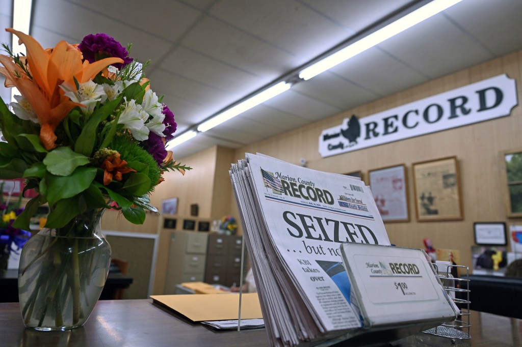 A floral arrangement for Joan Meyer at the Marion County Record newspaper earlier this month.