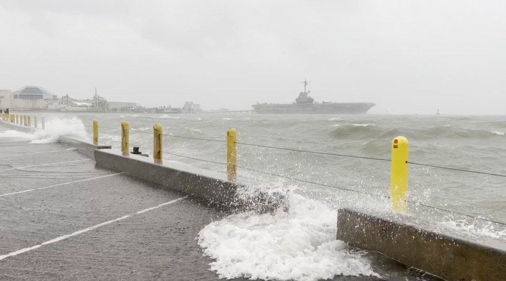Waves come ashore in Corpus Christi, Texas, as winds blow in from Tropical Storm Harold on Tuesday.