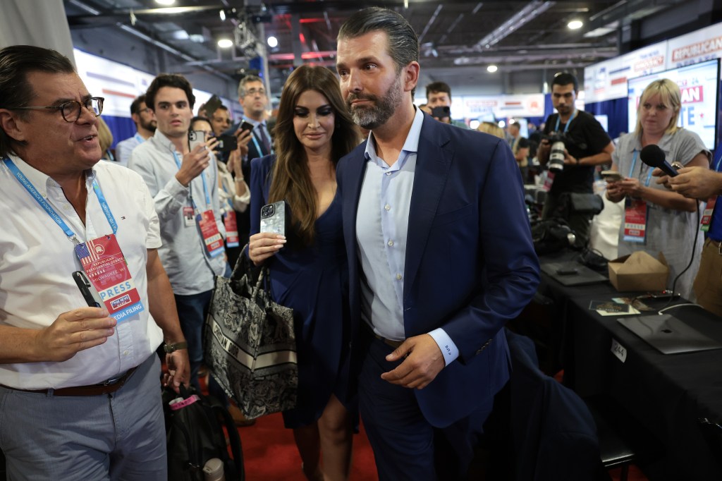 Donald Trump Jr., son of former President Donald Trump, talks to members of the media following the first debate of the GOP primary season hosted by FOX News at the Fiserv Forum on August 23, 2023 in Milwaukee, Wisconsin