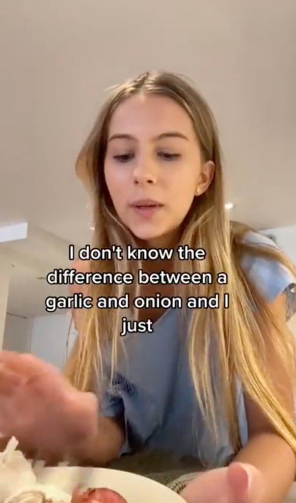 The short-lived influencer also admitted that she  was “embarrassed” because she didn’t know the difference between a garlic bulb and an onion — though she actually was cooking with a shallot. 