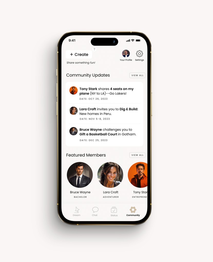 A "community" tab allows uber-elite users to connect and peruse one another's profiles. A mockup example is pictured. 