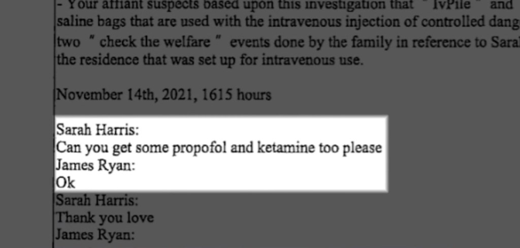 Investigators obtained text messages in which Harris asked Ryan to bring sedatives from his office. 