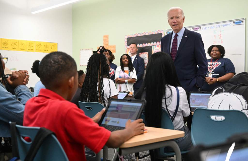 President Biden and first lady Jill Biden Jill Biden welcome students back to school while visiting a classroom at Eliot-Hine Middle School in Washington, DC.