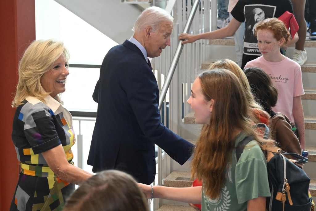 US President Joe Biden and US First Lady Jill Biden welcome students back to school while visiting Eliot-Hine Middle School in Washington, DC.