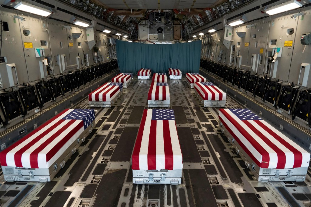 The bodies of the fallen soldiers arriving at Dover Air Force Base on August 29, 2021.