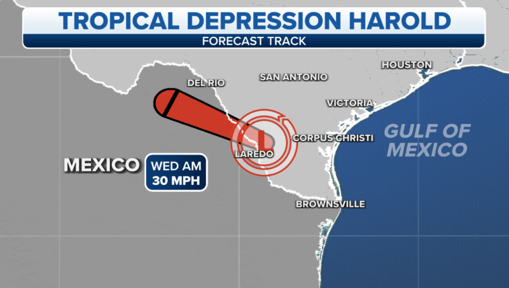 The forecast path for Tropical Storm Harold.