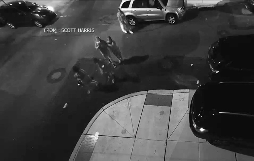 A security camera outside Harris' apartment captured a group of good samaritans walking Harris and Nora back to his home after the attack, where his partner was waiting for him. 