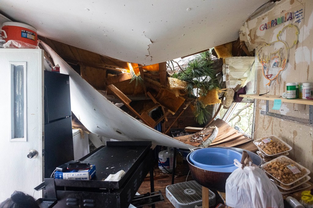 The interior of a mobile home damaged by a fallen tree at the Pavilion Mobile Home Park along Alpine Avenue NW is seen in Kent County, Mich. on Friday, Aug. 25, 2023. 