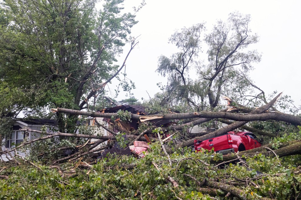 Car are seen smashed under large tree branches at the Pavilion Mobile Home Park after at least four tornadoes touched down in the area.