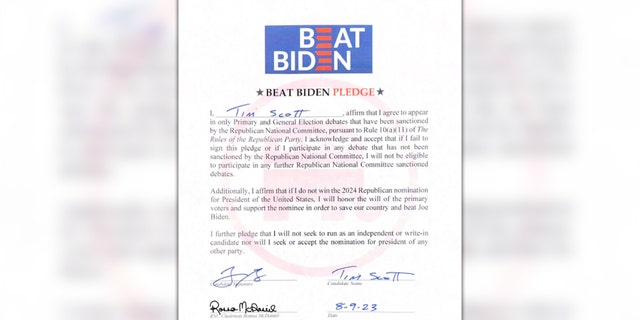 Tim Scott's signature on 'Beat Biden' pledge