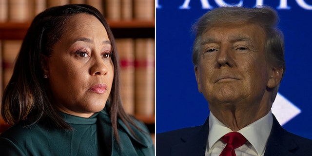 Fani Willis in green standing in front of books and Former President Donald Trump in suit looking serious