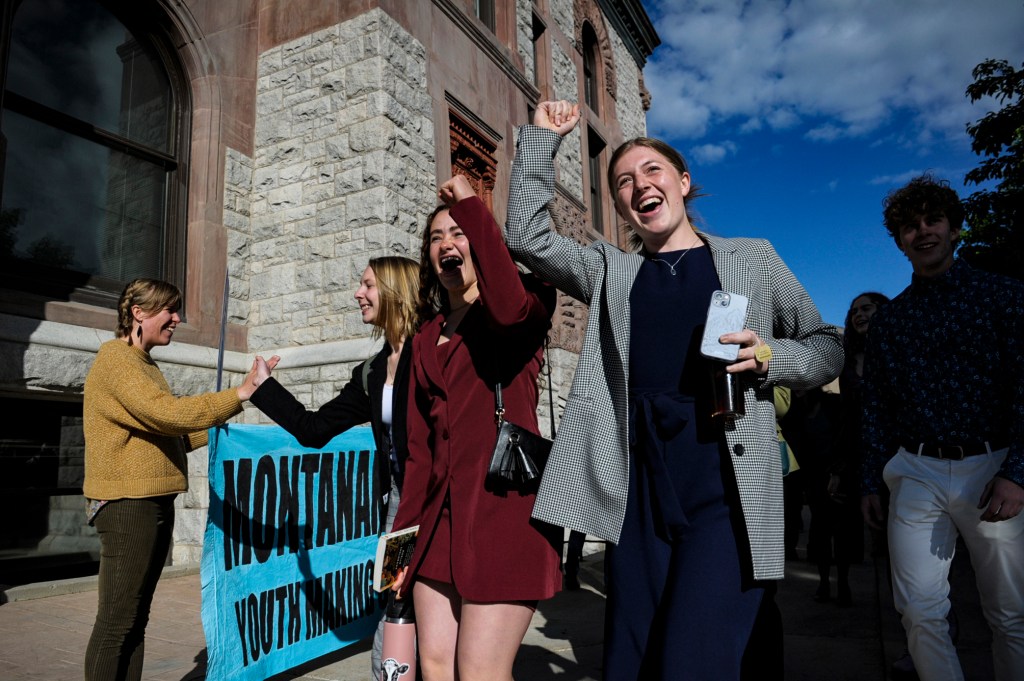 Youth plaintiffs in the climate change lawsuit, Held vs. Montana, arrive at the Lewis and Clark County Courthouse, on June 20, 2023, in Helena, Mont.