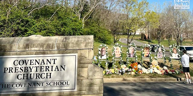 Memorials for the six victims who were killed in a mass shooting are placed outside of The Covenant School