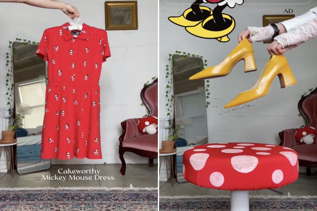 Seann Altman displays a pair of yellow shoes and the Minnie Mouse-themed dress. 
