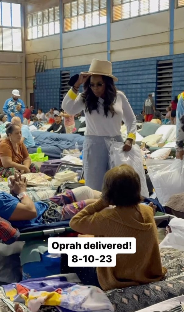  Winfrey, a part-time Maui resident, visited evacuees Thursday at the War Memorial Gymnasium in Maui.