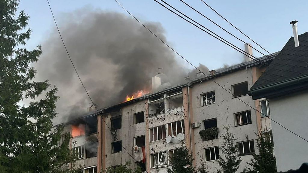 A handout picture made available by the Lviv Mayor Andriy Sadovyi shows a burning building after a rocket attack in the western Ukrainian city of Lviv, Ukraine, 15 August 2023 amid the Russian invasion. Ukraine was attacked overnight with 28 rockets of different classes, 16 of which were shot down according to a statement from the Ukraine Air Force.