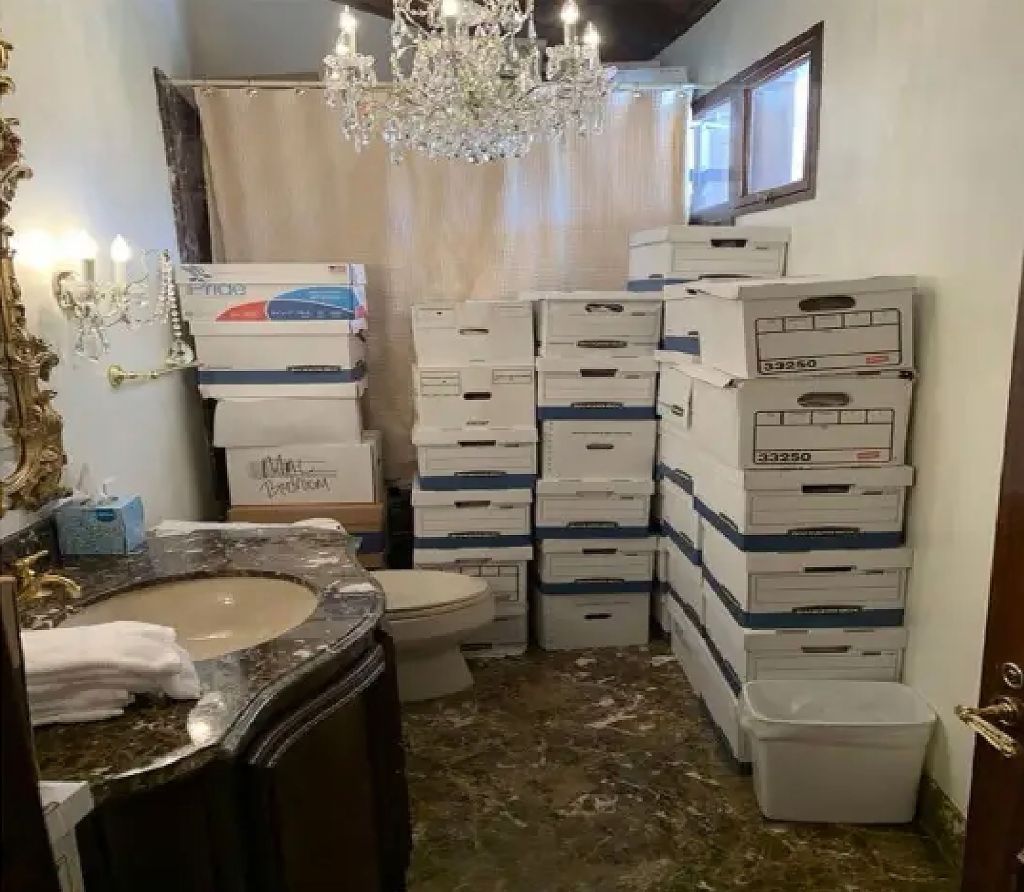 Boxes of documents stored inside a bathroom at Trump's Ma-a-Lago estate, which were apart of the federal indictments brought against the former president.