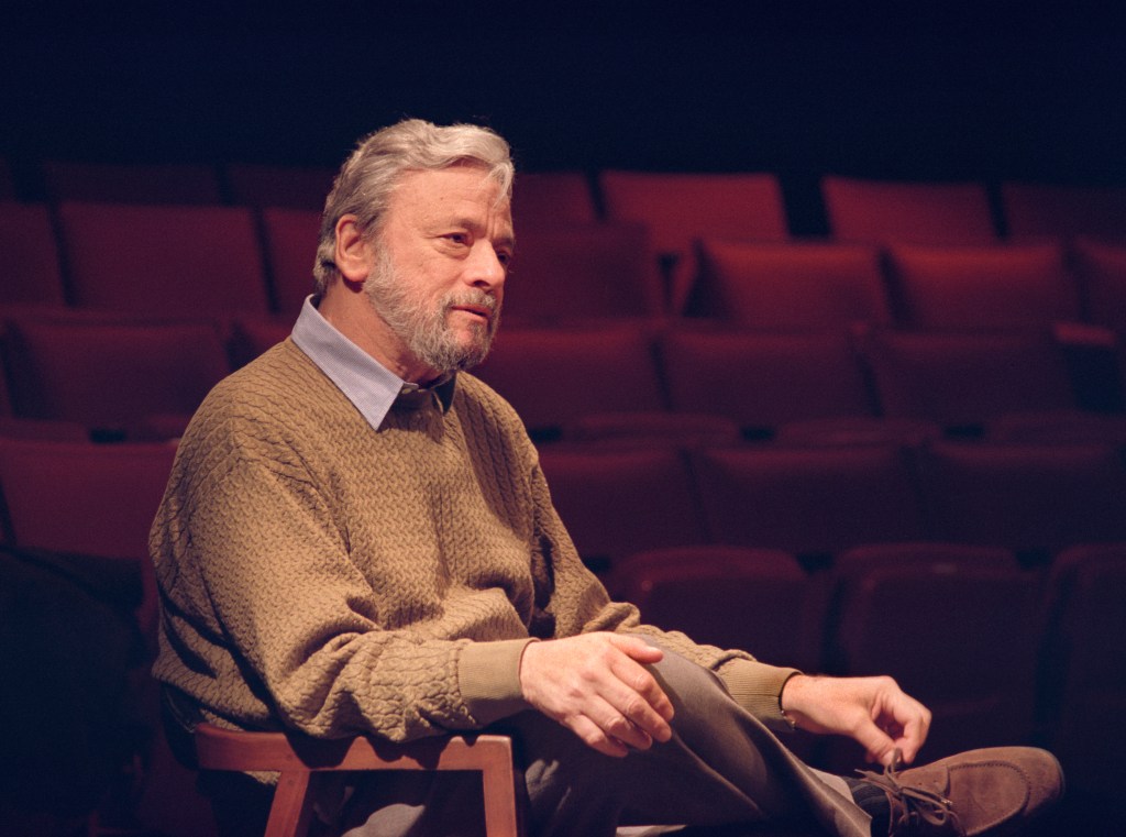 Sondheim (1930 - 2021) on stage during an event in the Michigan State University Auditorium, East Lansing, Michigan, February 12, 1997. (Photo by Douglas Elbinger