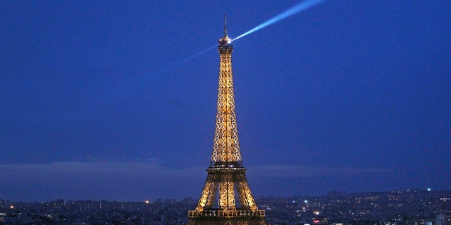 Eiffel Tower lit up at night