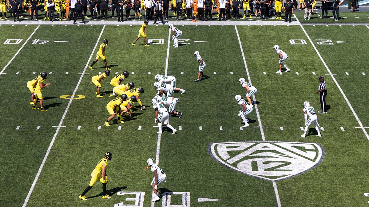 A view of the Pac-12 logo on the field