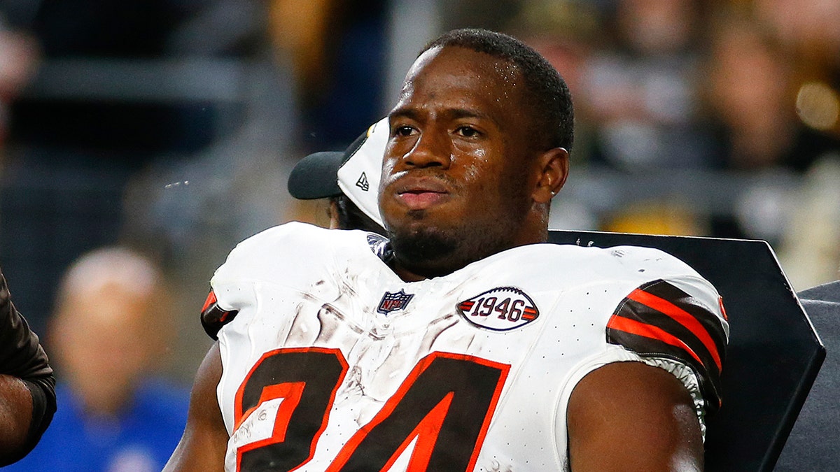 Nick Chubb reacts on cart