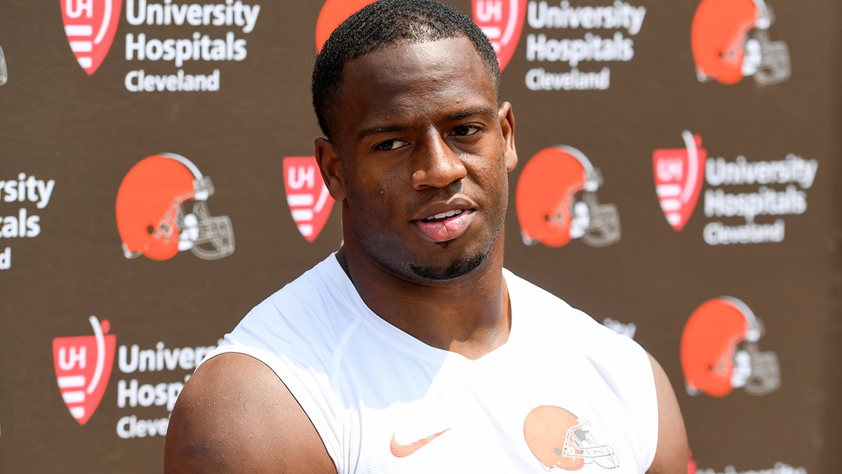 Nick Chubb talks to reporters