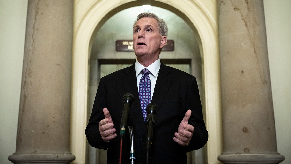 Speaker McCarthy speaking to the media at the Capitol.