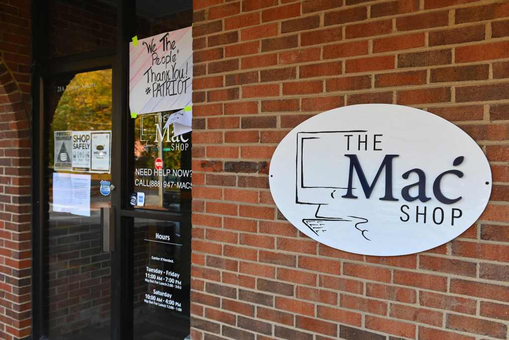 An exterior view of "The Mac Shop" in Wilmington, Delaware is seen on October 21, 2020. 