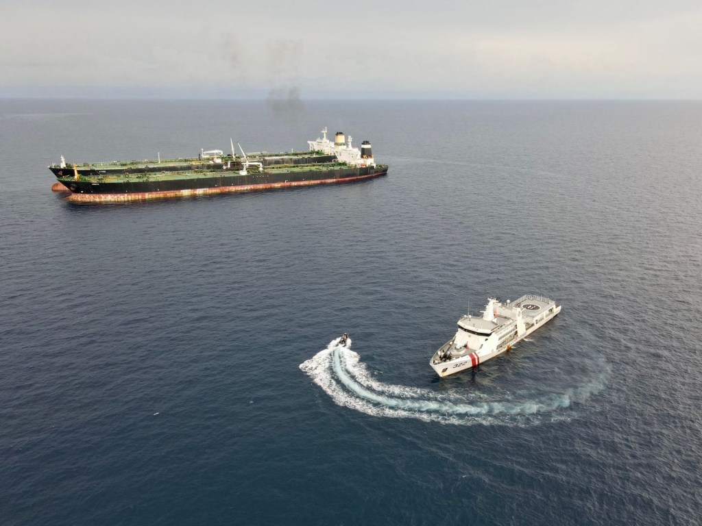 Patrol vessel KN. Pulau Marore-322, owned by Indonesia's Maritime Security Agency patrols to inspect the Iranian-flagged Very Large Crude Carrier near Indonesia's North Natuna Sea, Indonesia, on July 7, 2023. 