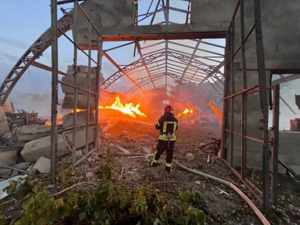 A firefighter works at a site that was hit amid Russian drone attacks, at a location given as Odesa region, Ukraine, on Sep. 4, 2023. 