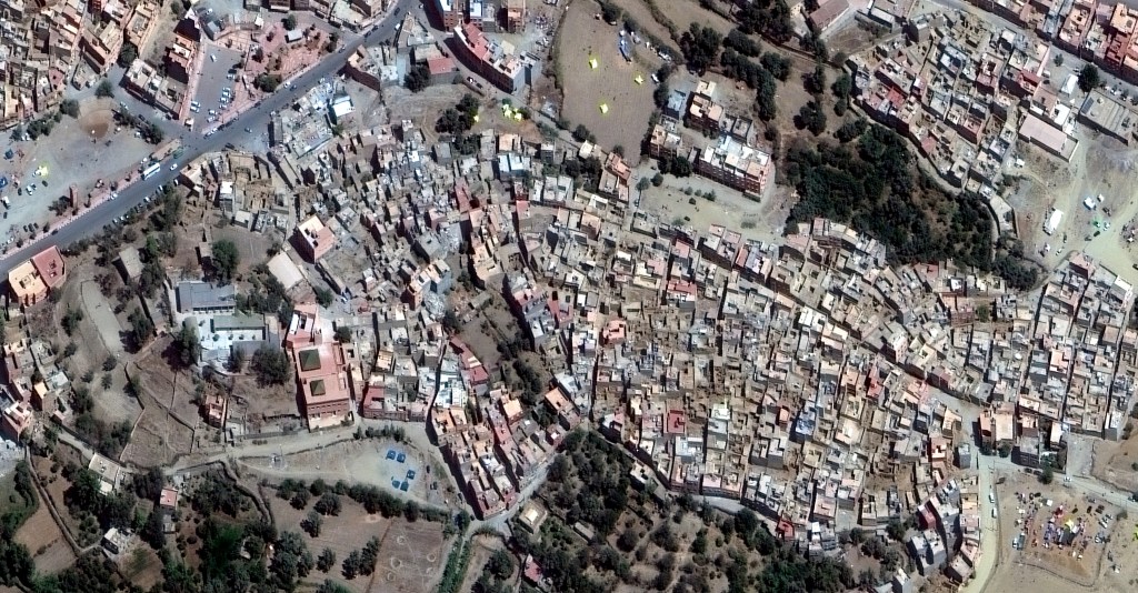 A satellite image shows damaged buildings following a powerful earthquake, in Amizmiz, Morocco. 