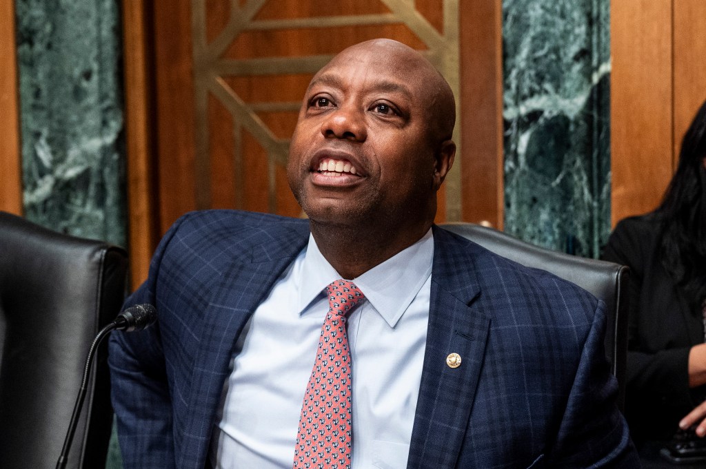 Senator Tim Scott reacts at a hearing of the Senate Banking, Housing, and Urban Affairs Committee at the U.S. Capitol on Sep. 12, 2023. 