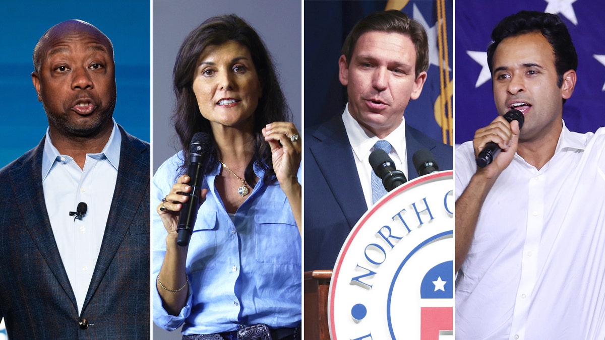 Tim Scott, Nikki Haley, Ron DeSantis, Vivek Ramaswamy from left to right