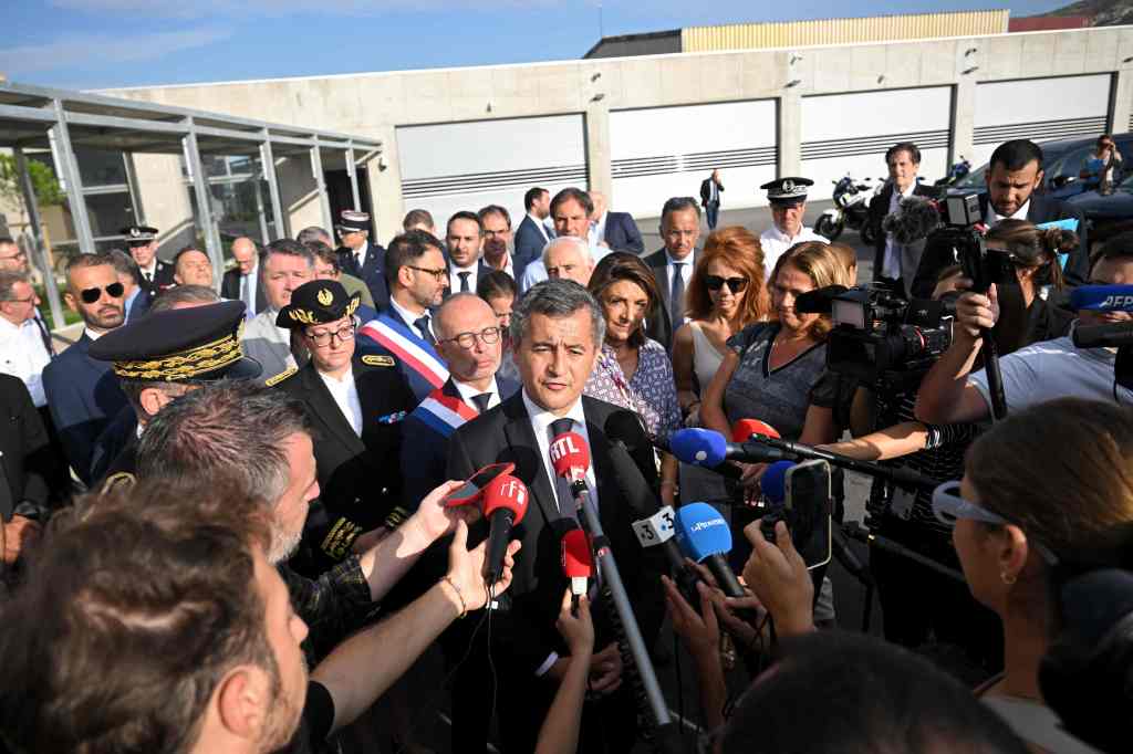 French Interior Minister Gerald Darmanin speaks to journalists at the headquarters of French police tactical RAID unit ("Research, Assistance, Intervention, Deterrence") during his visit in Marseille on Sept. 12, 2023, ahead of Pope Francis' visit in Marseille next Sept. 22 and 23.