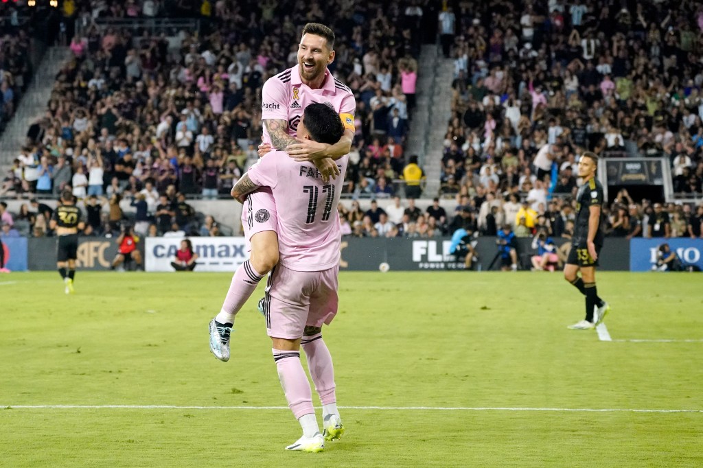 Inter Miami midfielder Facundo Farias, below, celebrates his goal with Lionel Messi during the first half of a Major League Soccer match against the Los Angeles FC on Sept. 3, 2023, in Los Angeles. 