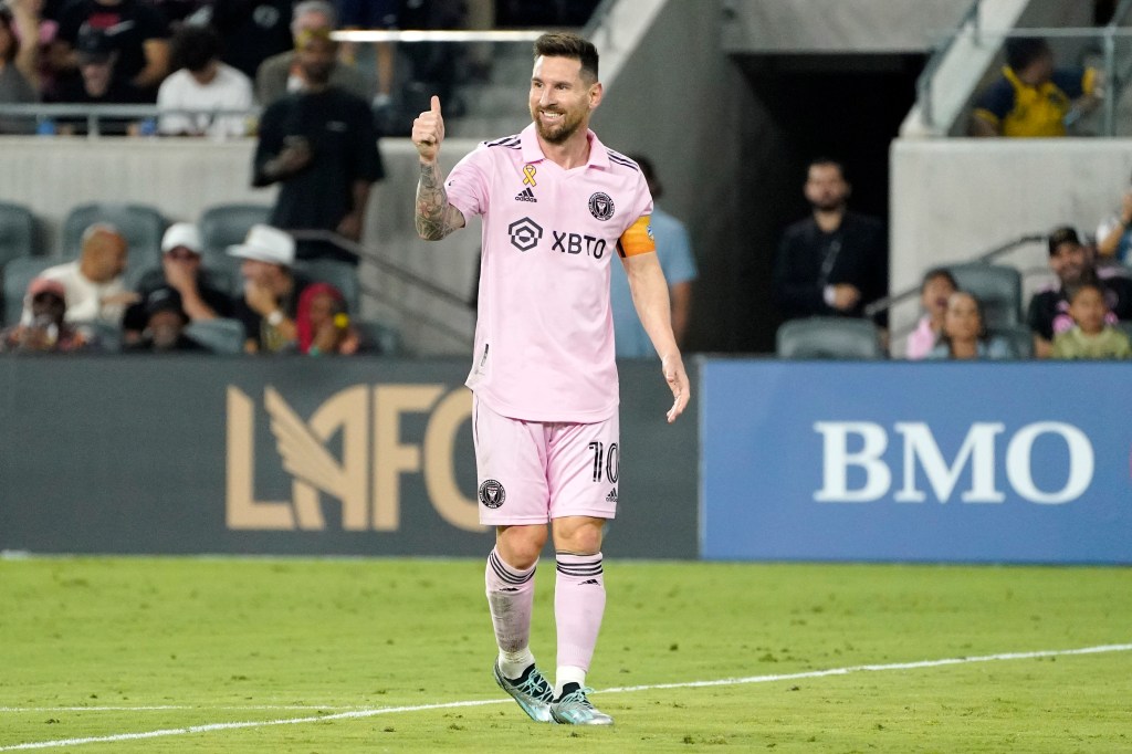 Inter Miami forward Lionel Messi gestures during the first half of a Major League Soccer match against the Los Angeles FC, on Sept. 3, 2023, in Los Angeles. 