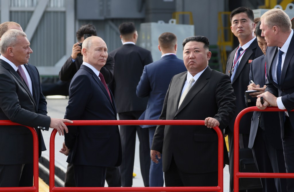 President Vladimir Putin and North Korea's leader Kim Jong Un examine a launch pad during their meeting at the Vostochny cosmodrome outside the city of Tsiolkovsky, about 200 kilometers (125 miles) from the city of Blagoveshchensk in the far eastern Amur region, Russia, on Wednesday, Sept. 13, 2023.