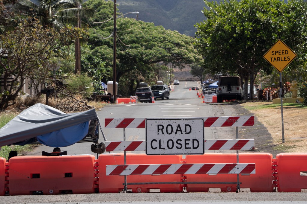 A checkpoint set up by the Hawaii National Guard is pictured on Kaniau Road, Sunday, Sept. 24, 2023, in Lahaina, Hawaii.