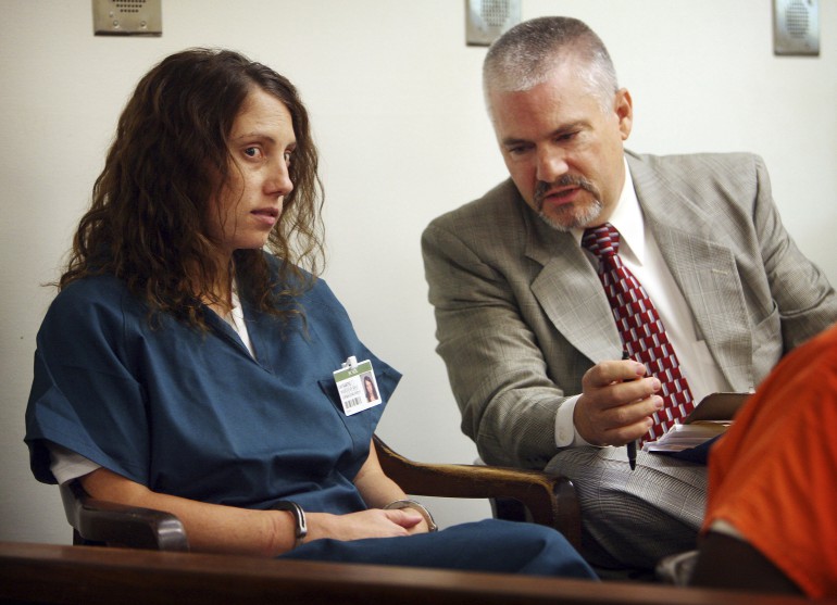 Former Citrus Valley High teacher Laura Whitehurst talks with a lawyer on July 31, 2013, in Superior Court in San Bernardino, Calif. 