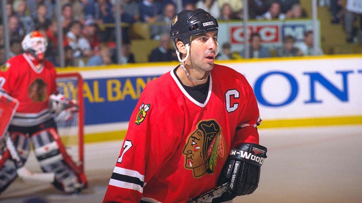 Chris Chelios skates during a NHL game