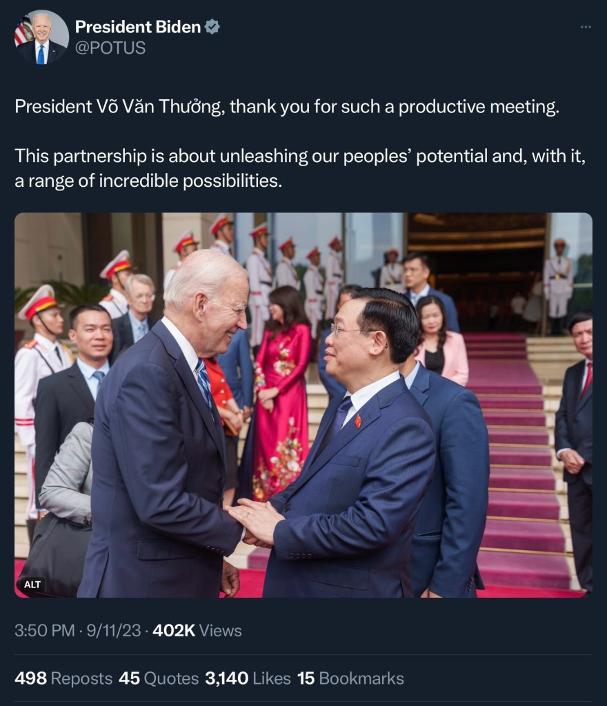 Biden deletes a tweet thanking Vietnamese president with a photo of the wrong leader. 