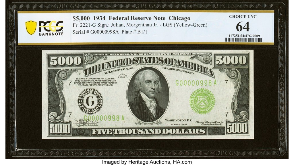 $5,000 1934 Federal Reserve Note. 