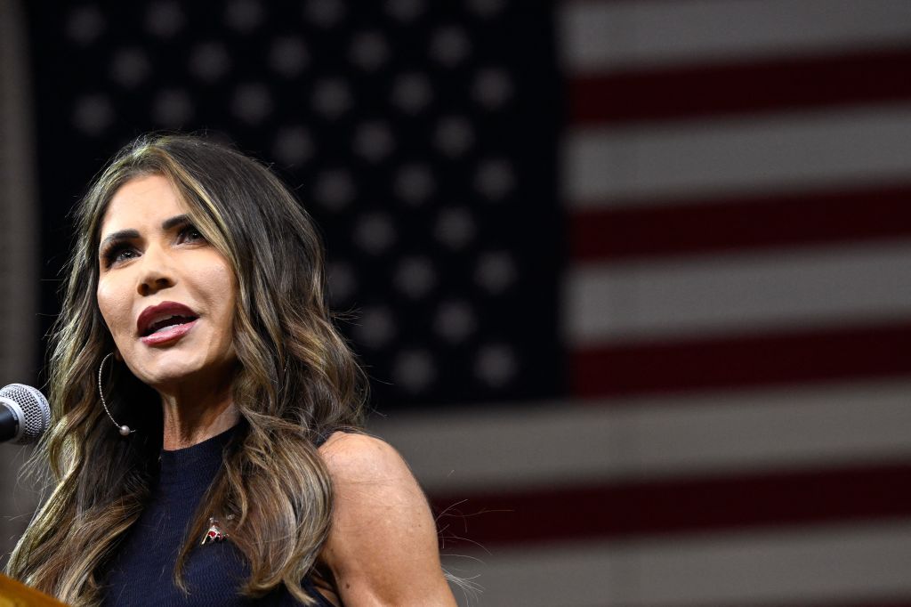 South Dakota Governor, Kristi Noem, speaks during the South Dakota Republican Party's Monumental Leaders rally on Sept. 8, 2023.