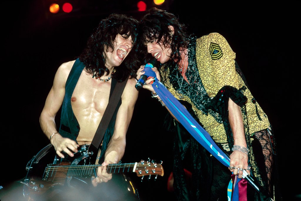 Tyler and lead guitarist Joe Perry perform onstage in Springfield Civic Center in Springfield, MA on Nov. 1, 1987.