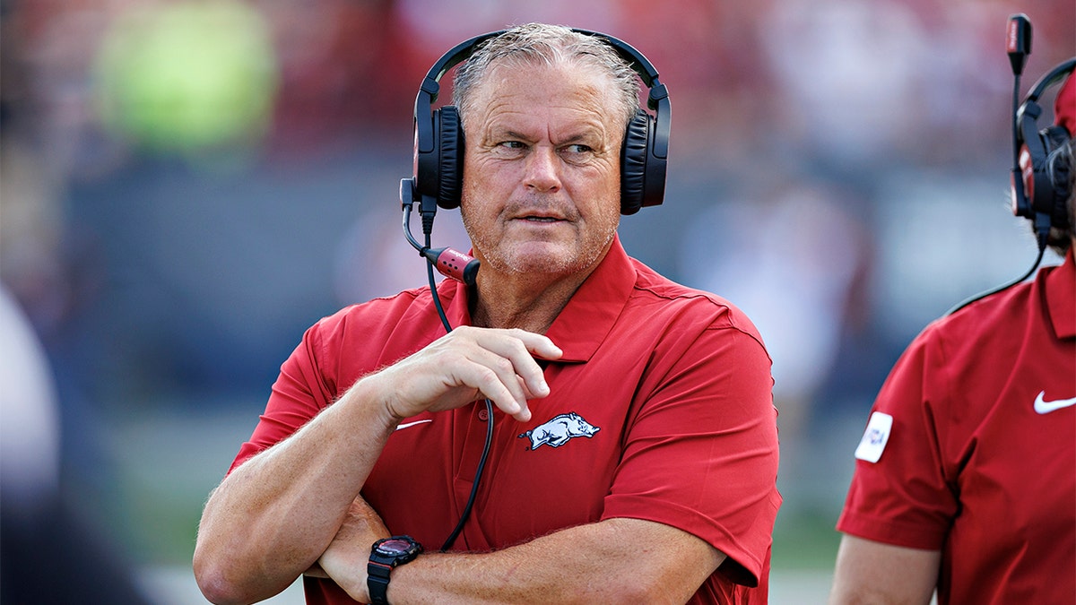 Arkansas Razorbacks head coach Sam Pittman coaches against Western Carolina