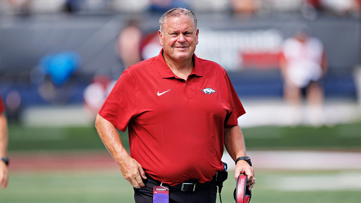 Head Coach Sam Pittman of the Arkansas Razorbacks on the sidelines