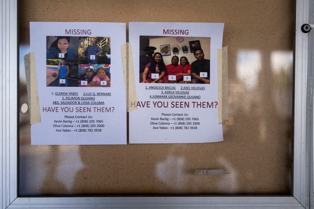 Missing persons flyers for Lahaina, Hawaii, residents are posted on a bulletin board at King's Cathedral Maui in Kahului, Hawaii, on Aug. 19, 2023.