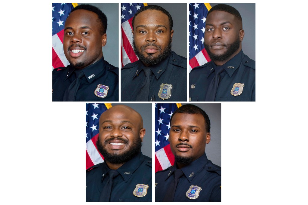 Officers Tadarrius Bean, Demetrius Haley, Emmitt Martin III, and bottom row from left, Desmond Mills Jr. and Justin Smith.