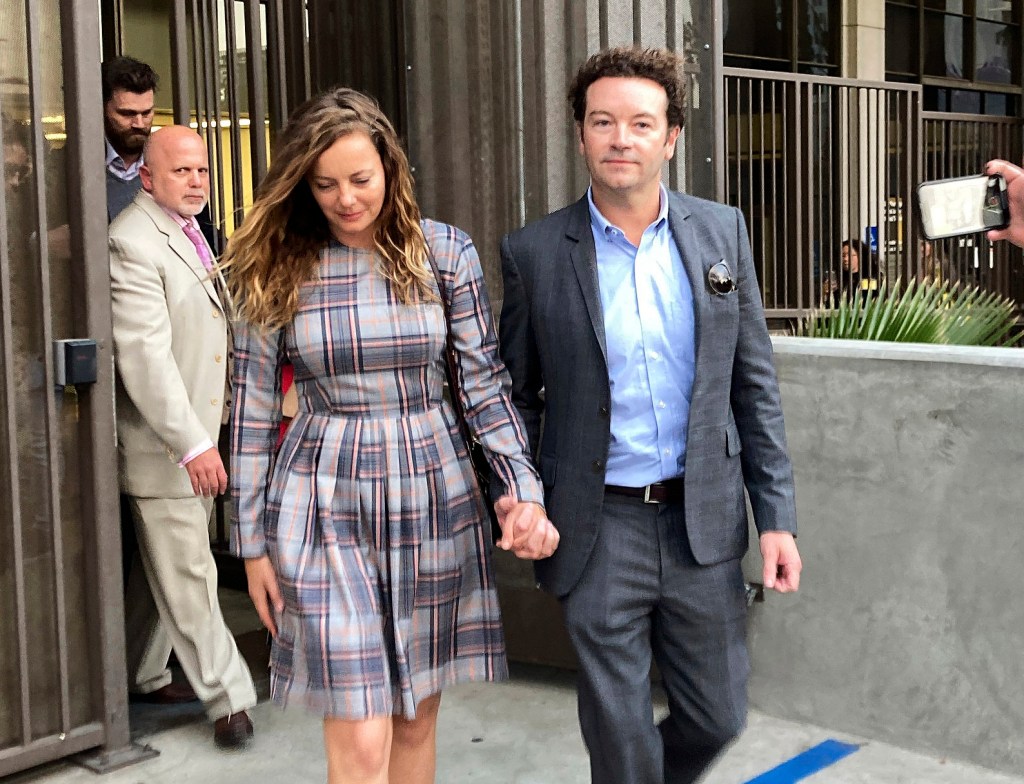 Masterson and his wife Bijou Phillips leave Los Angeles superior Court after a judge declared a mistrial in his rape case in Nov. 2022.